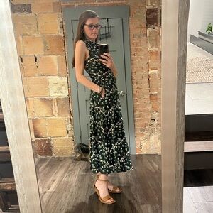 Pact Dark Green Floral Midi Dress Pockets NWT